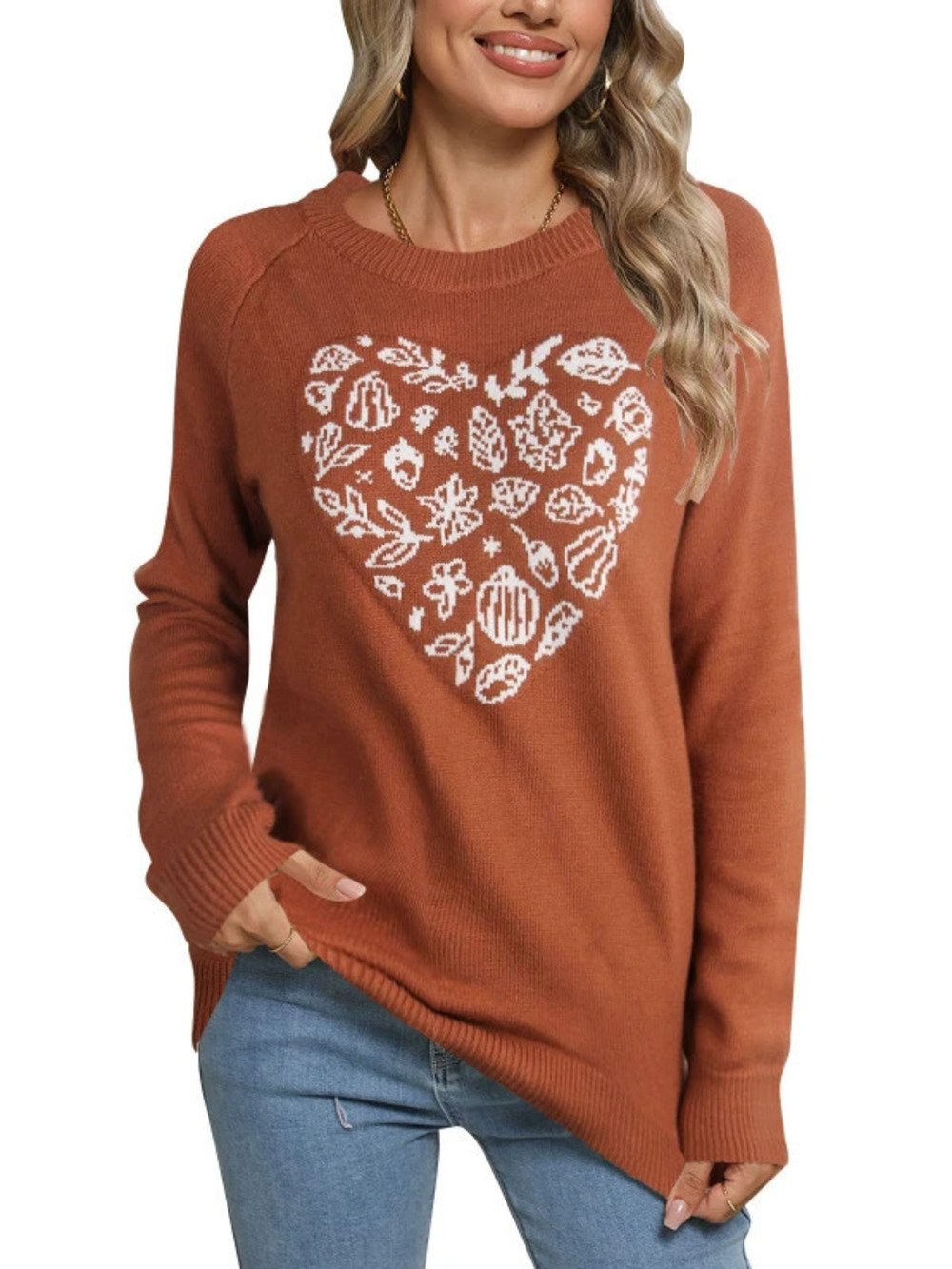 ZARA Women Fall Winter Knit Heart Jacquard Crewneck Pullover Sweater
